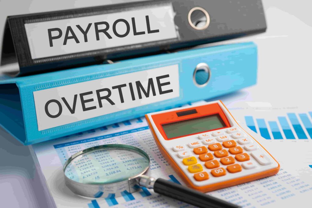 Payroll, Overtime. Binder data finance report business with grap